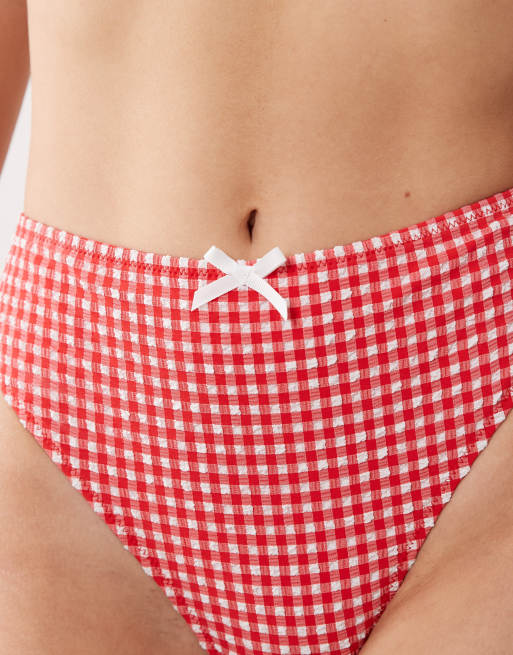 Peek & Beau high waist bikini bottom with bow detail in red gingham, 3 of 4