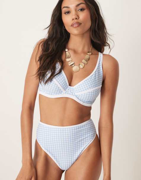 Peek & Beau high waist bikini bottom with contrast binding in blue gingham - view 1