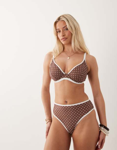 Peek & Beau highwaist bikini bottoms with contrast trim in brown & white polka dot - view 1