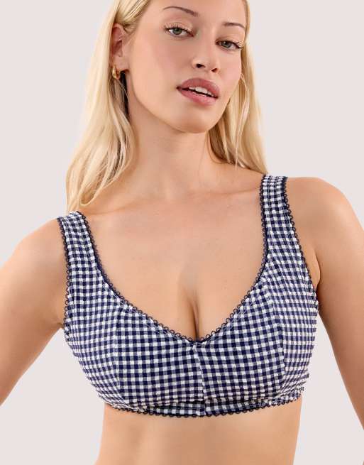 Peek & Beau Joanna navy gingham seersucker crop bikini top in navy, 2 of 4