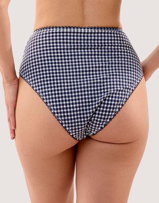 Peek & Beau Joanna navy gingham seersucker high leg bikini brief in navy, 2 of 3
