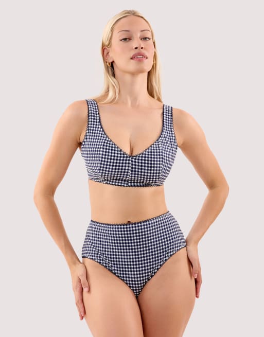 Peek & Beau Joanna navy gingham seersucker high leg bikini brief in navy, 3 of 3
