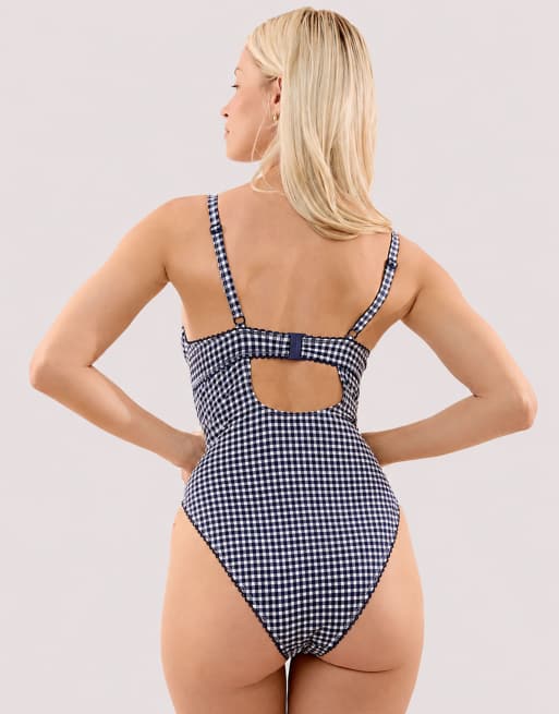 Peek & Beau Joanna navy gingham seersucker underwired plunge swimsuit in navy, 2 of 4