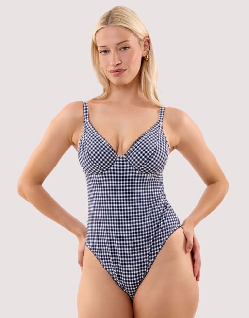 Peek & Beau Joanna navy gingham seersucker underwired plunge swimsuit in navy, 4 of 4