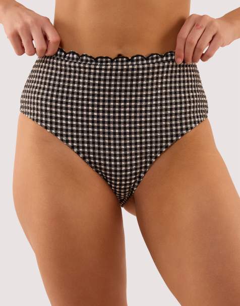 Peek & Beau Margot gingham scallop trim high waist bikini briefs in black & white - view 1