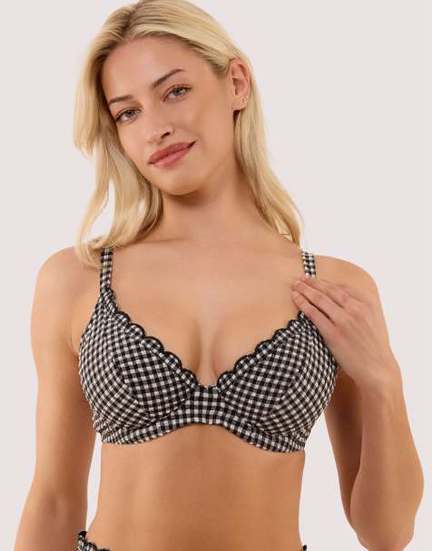 Peek & Beau Margot gingham scallop trim underwire bikini top in black & white