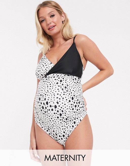 Peek & Beau Maternity Exclusive Eco wrap front swimsuit in contrasting dalmatian D-F