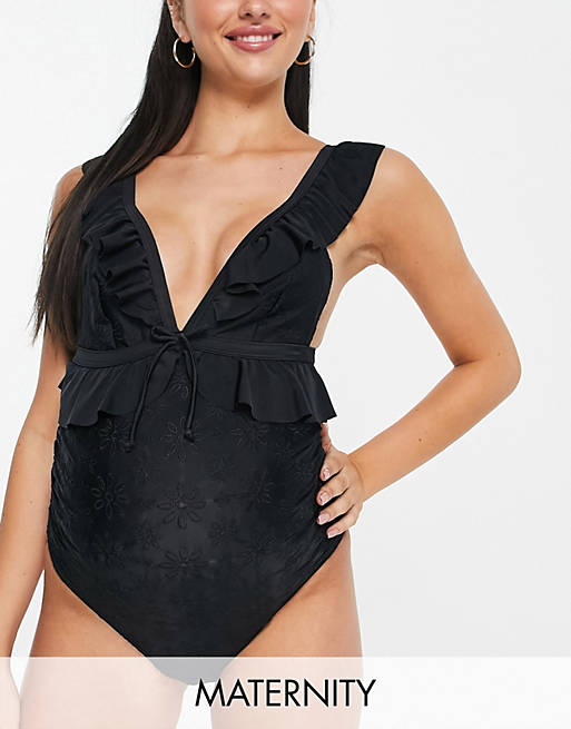 Peek & Beau Maternity Exclusive frill detail swimsuit in black broderie analgise