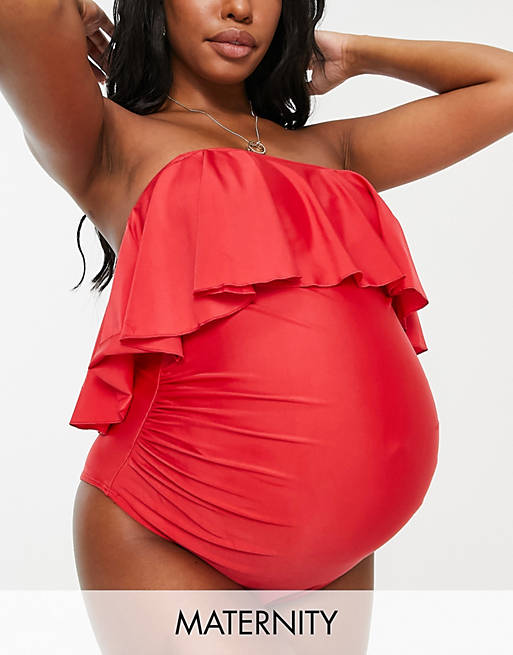 Peek & Beau Maternity Exclusive frill detail swimsuit with detachable straps in red
