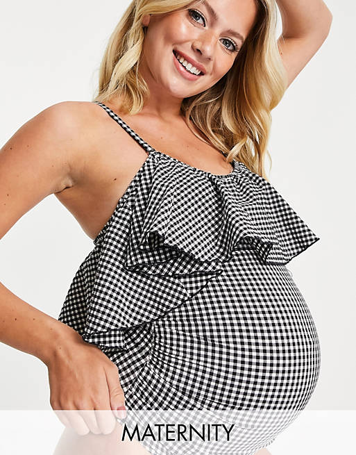 Peek & Beau Maternity Exclusive frill swimsuit with detachable straps in gingham