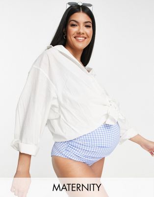Peek & Beau Maternity Exclusive high waist bikini bottom in blue textured gingham