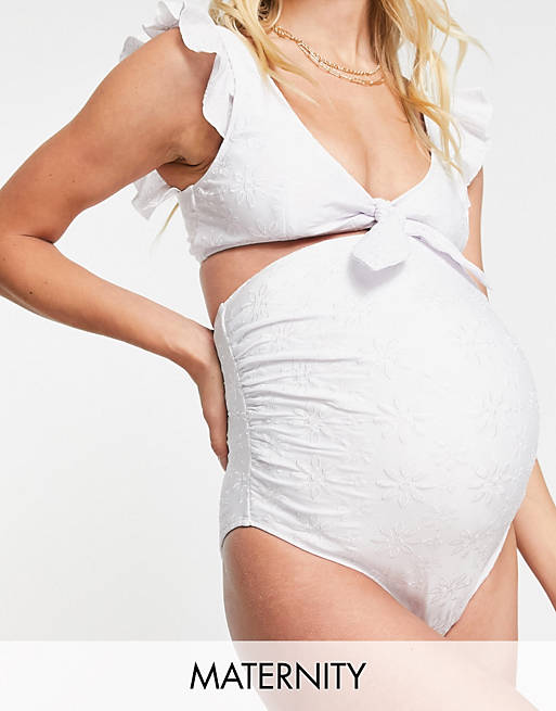 Peek & Beau Maternity Exclusive high waist bikini bottom in white broderie analgise