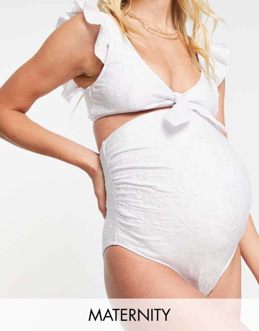 Peek & Beau Maternity Exclusive high waist bikini bottoms in white broderie analgise