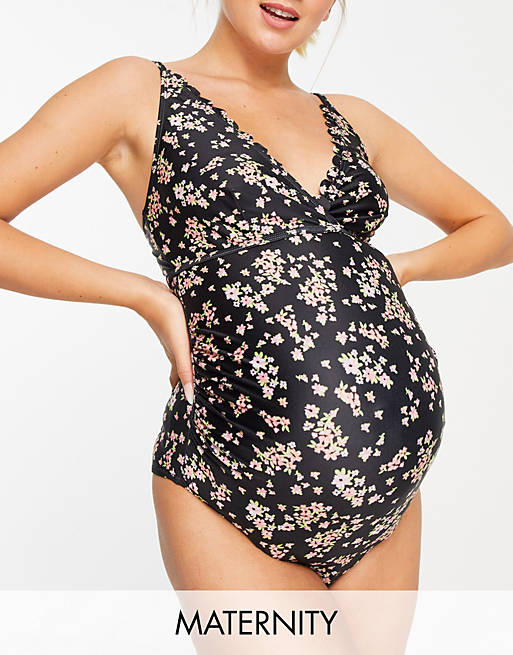 Peek & Beau Maternity Exclusive plunge swimsuit with scallop detailing in black base floral