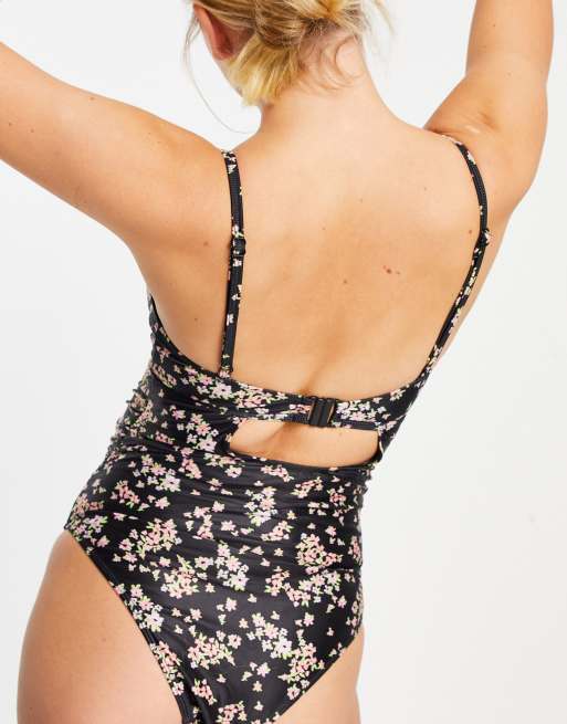 Peek Beau Maternity Exclusive Plunge Swimsuit With Scallop Detailing In Black Base Floral Asos