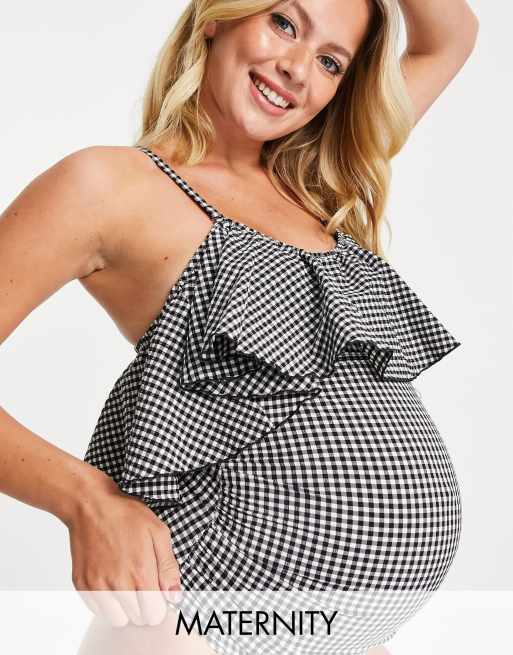 Peek & Beau Maternity Exclusive – Strój kąpielowy w kratkę vichy z falbanką i odpinanymi ramiączkami