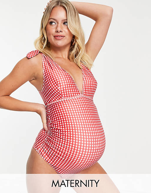 Peek & Beau Maternity Exclusive swimsuit with tie shoulder detail in red gingham