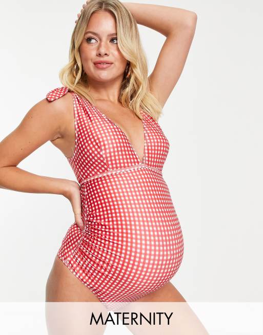 Peek Beau Maternity Exclusive swimsuit with tie shoulder detail in red gingham