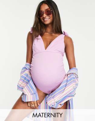 Peek & Beau Maternity Exclusive swimsuit with tie shoulder detail in textured lilac - ASOS Price Checker