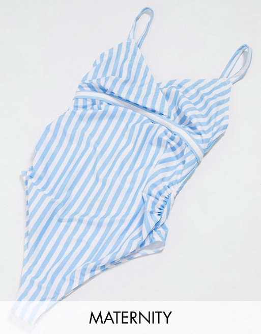 Peek & Beau Maternity Exclusive wrap front swimsuit in blue stripe D-F