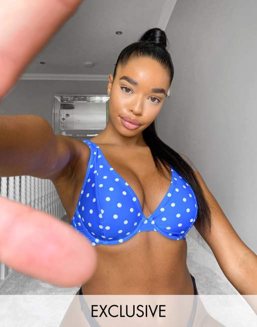 Peek & Beau – Mix and Match – Niebieska góra od bikini w groszki z fiszbinami dla większych rozmiarów biustu
