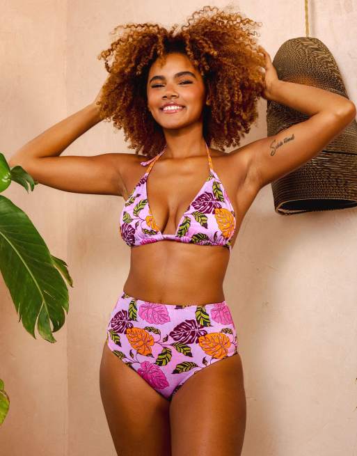 Peek & Beau mix & match palm print high waisted bikini bottom in pink, 4 of 4