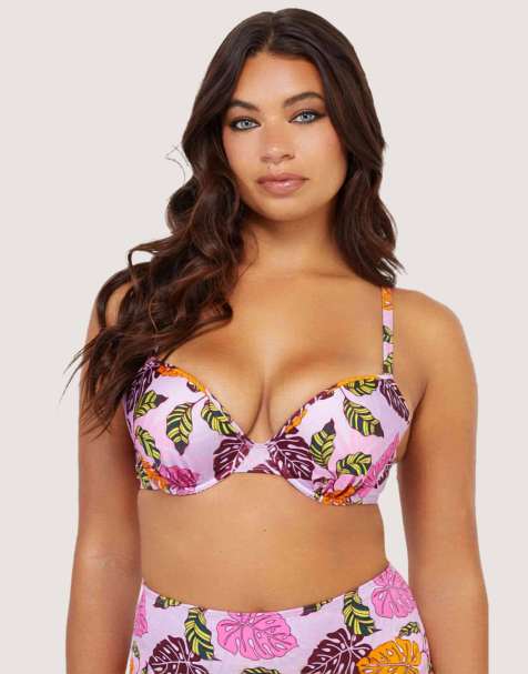 Peek & Beau mix & match palm print plunge bikini top in pink