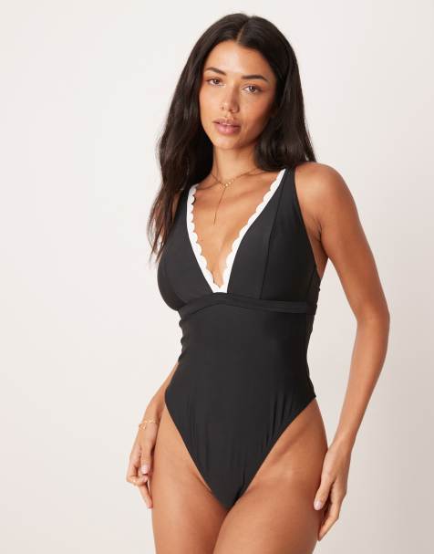 Peek & Beau plunge swimsuit with scallop trim in black - view 1