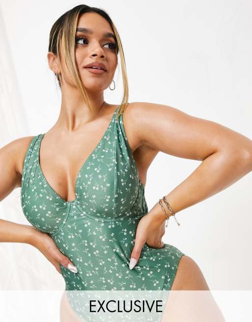 Peek & Beau - Poitrines généreuses - Maillot 1 pièce à armatures et ceinture - Vert floral - Exclusivité