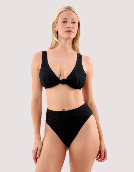 Peek & Beau Selene black crinkle high waist bikini bottom in black, 3 of 4