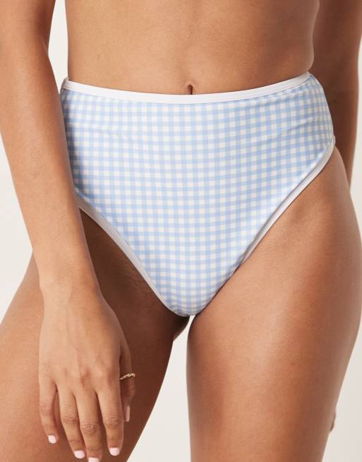 Peek & Beau - Slip bikini a vita alta blu a quadretti con profili a contrasto, 2 di 4