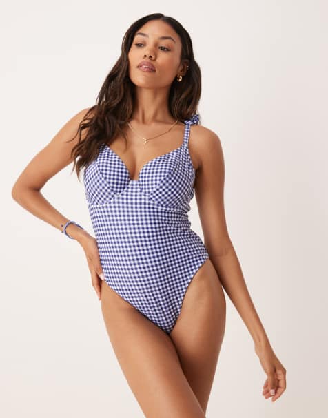 Peek & Beau swimsuit with bow strap detail in navy gingham - view 1