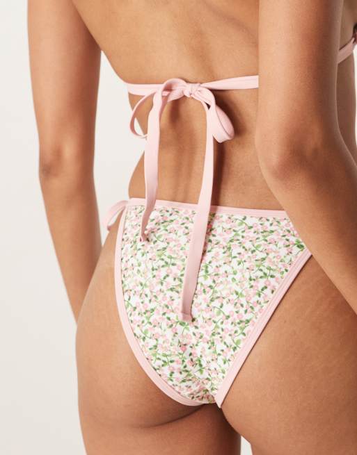 Peek & Beau tie side bikini bottom with contrast binding in pink micro floral, 3 of 4