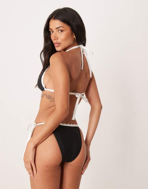 Peek & Beau tie sides bikini bottoms with contrast scallop edges in black, 2 of 4