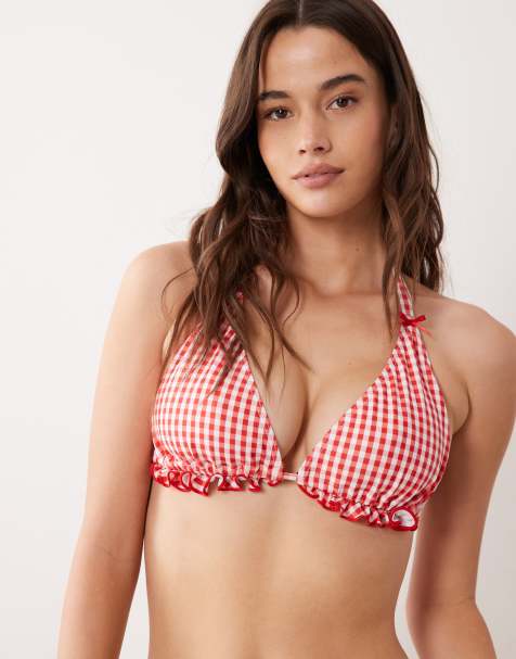 Peek & Beau triangle bikini top with bow detail in red gingham - view 1