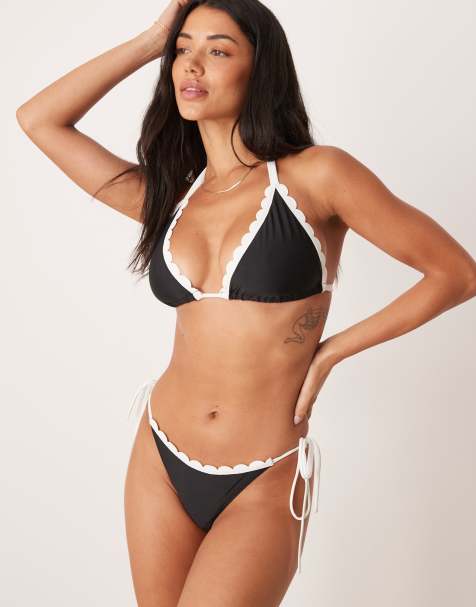 Peek & Beau triangle bikini top with contrast scallop edges in black - view 1