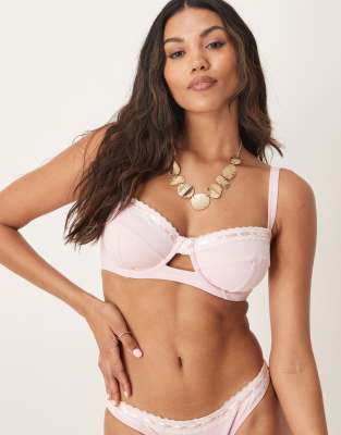 Peek & Beau Underwire Bikini Top With Cream Lace Trim In Pink