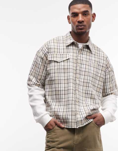 Pegador basalu double sleeve waffle detail check shirt in beige