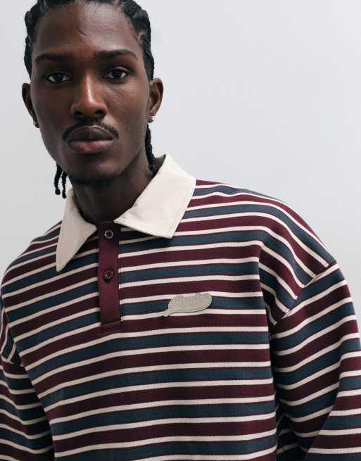 Pegador - Cannobio - Pull oversize style polo de rugby à rayures et manches longues - Bordeaux/crème, 3 de 5