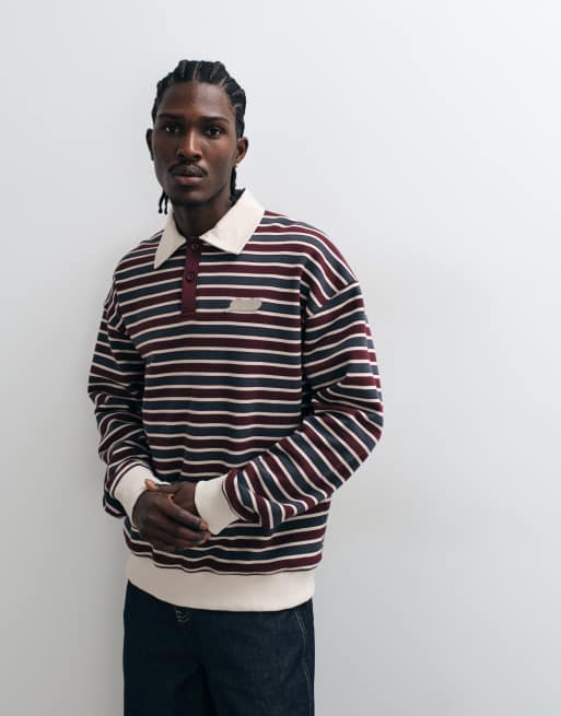 Pegador - Cannobio - Pull oversize style polo de rugby à rayures et manches longues - Bordeaux/crème, 4 de 5