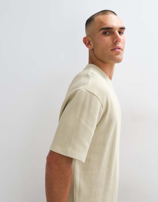 Pegador koszulka oversize prążkowana z logo w kolorze beżowym, 4 z 5