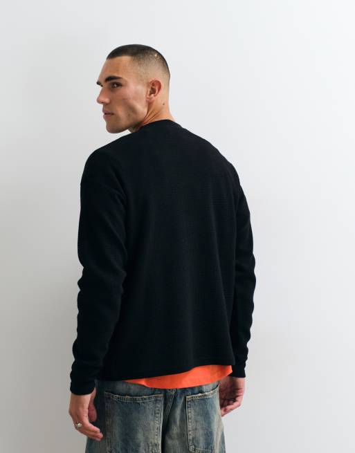 Pegador logo signar oversized langærmet waffle T-shirt i sort, 3 af 5