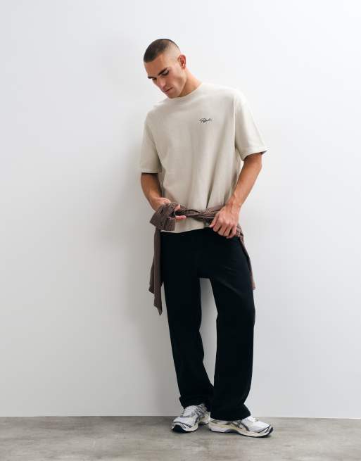 Pegador logo signar oversized rib T-shirt met korte mouwen in crème, 2 van 5