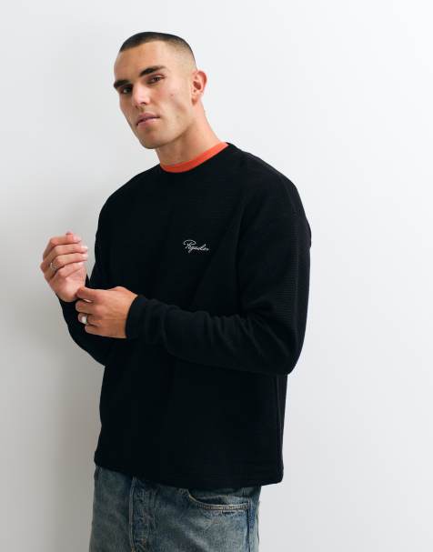 Pegador logotyp t-shirt med våffelstruktur, oversize och långa ärmar i svart - view 1