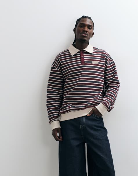 Pegador oversize sweter polo rugby w paski z długim rękawem w kolorze burgundowym/kremowym - view 1