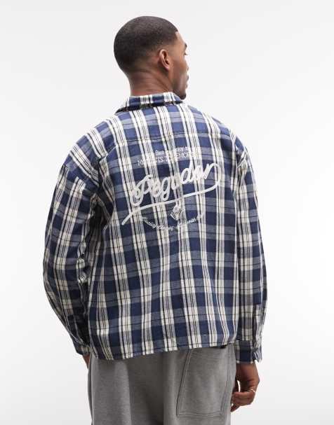 Pegador - Soglio - Camicia oversize in flanella a quadri blu crepuscolare con stampa sul retro - view 1