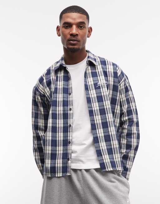 Pegador - Soglio - Oversized geruit overhemd van flanel met print op de achterkant in blauw, 5 van 5