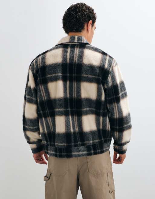 Pegador teros furry checked flannel overshirt in black/cream, 5 of 5
