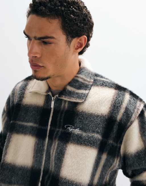 Pegador teros lurvig rutig flanellovershirt i svart/kräm, 3 av 5
