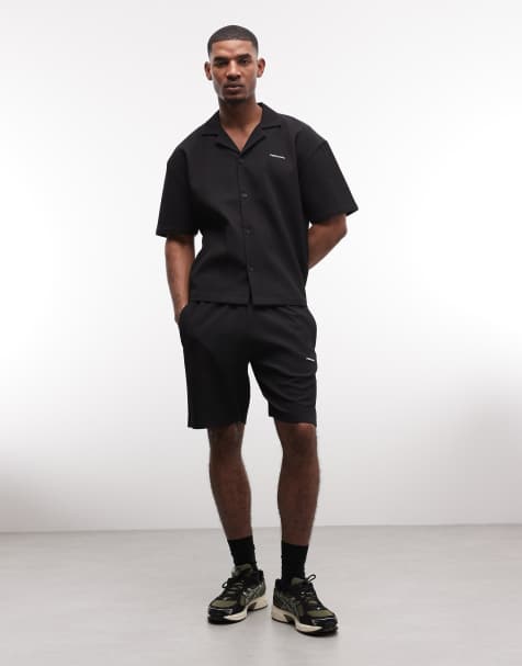 Pegador Troy plisse summer shirt and shorts set in black - view 1